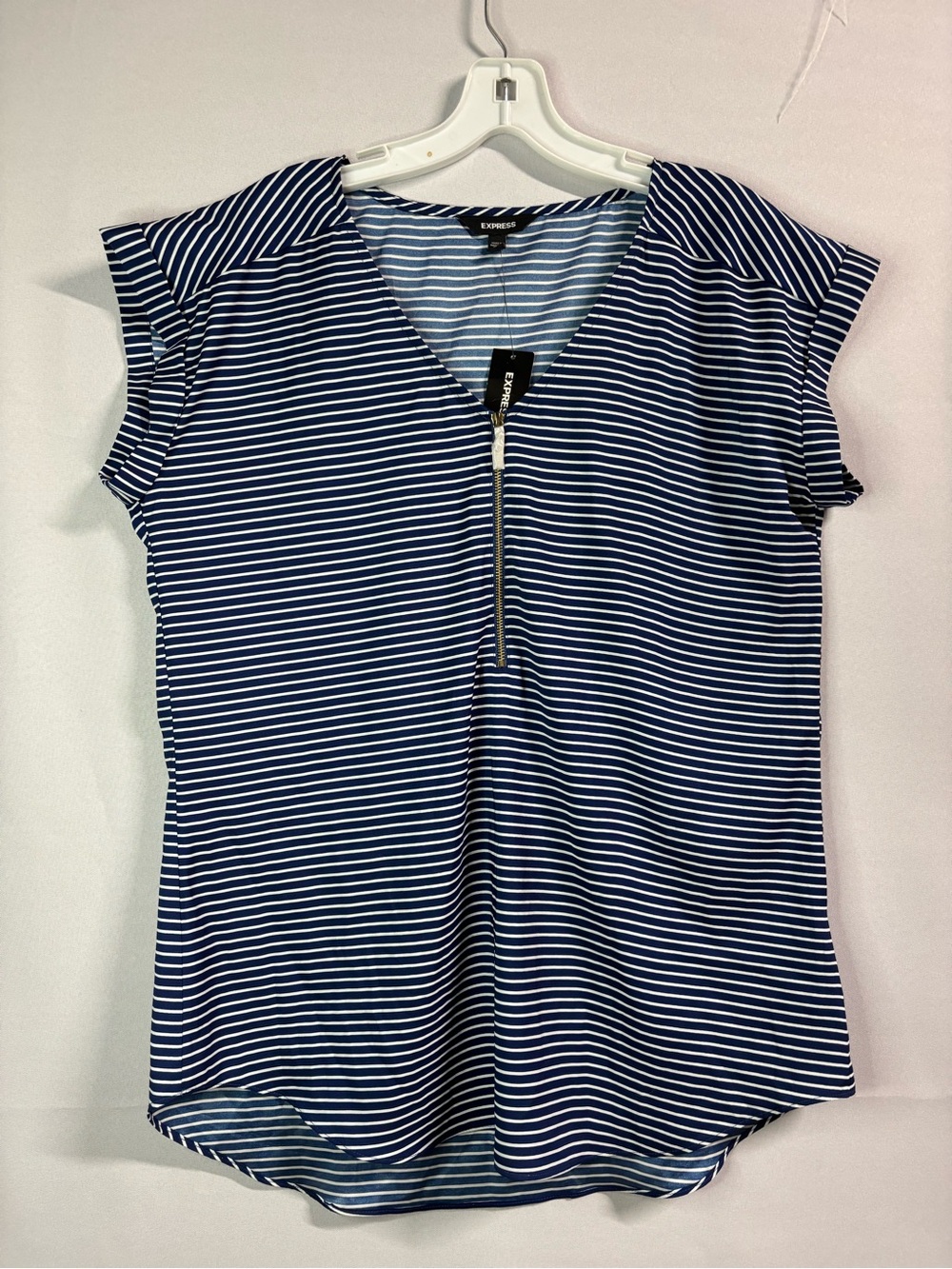 Express Navy & White Striped Short Sleeve Zip Front Top